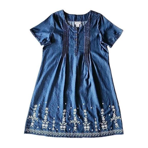 Country Store Dresses & Skirts - Womens Denim Midi Shirt Dress L Embroidered Pintuck Cottage Coastal Granny Chic